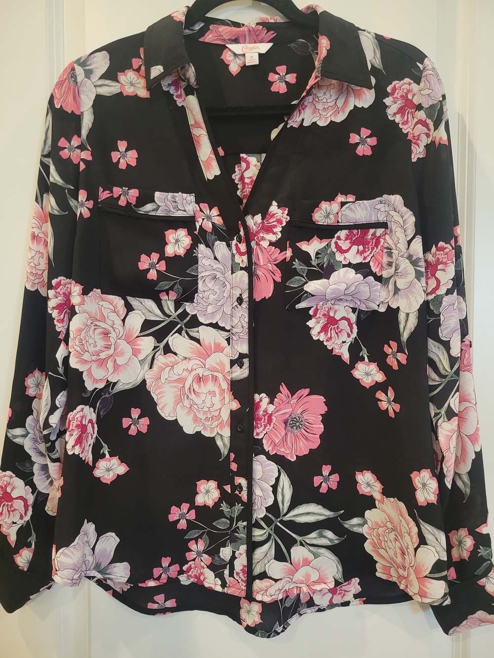 Floral Button-Front Blouse - Black with Pink & Lavender Flowers